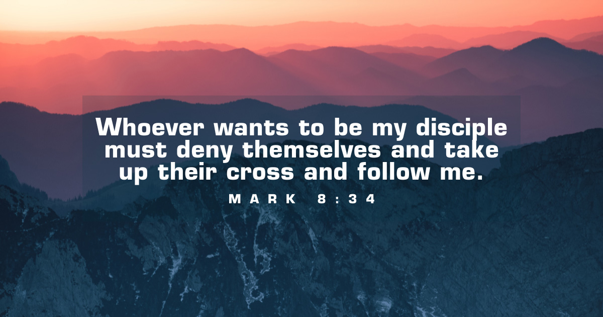 Scripture Mark 8:35 over a sunset mountain background
